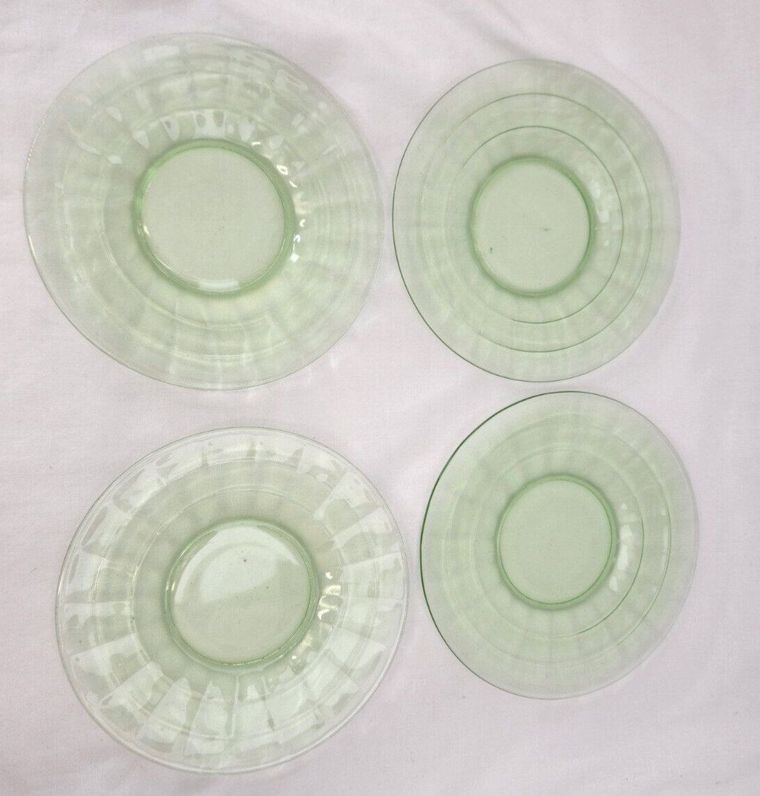 Set of (4) Block Optic Anchor Hocking Uranium Glass Bread Plates 1930 Vaseline