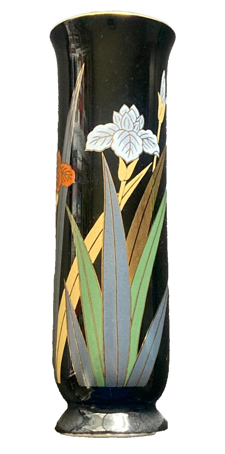 Vintage Otagiri Japan Vase Black w/ Floral Design Gilt Rim 6.3 in tall NF