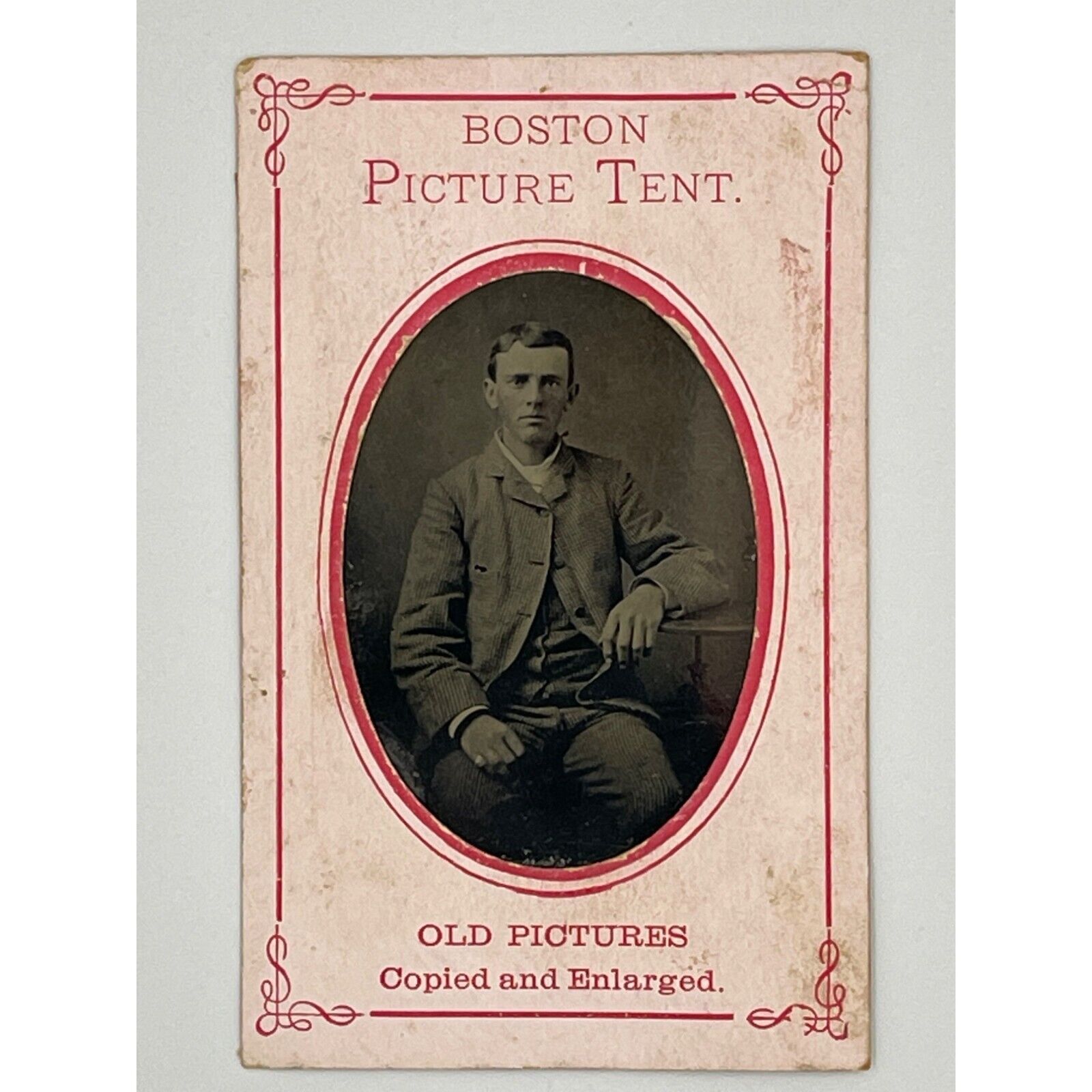 Boston Picture Tent Antique Tintype Photograph Man Seated