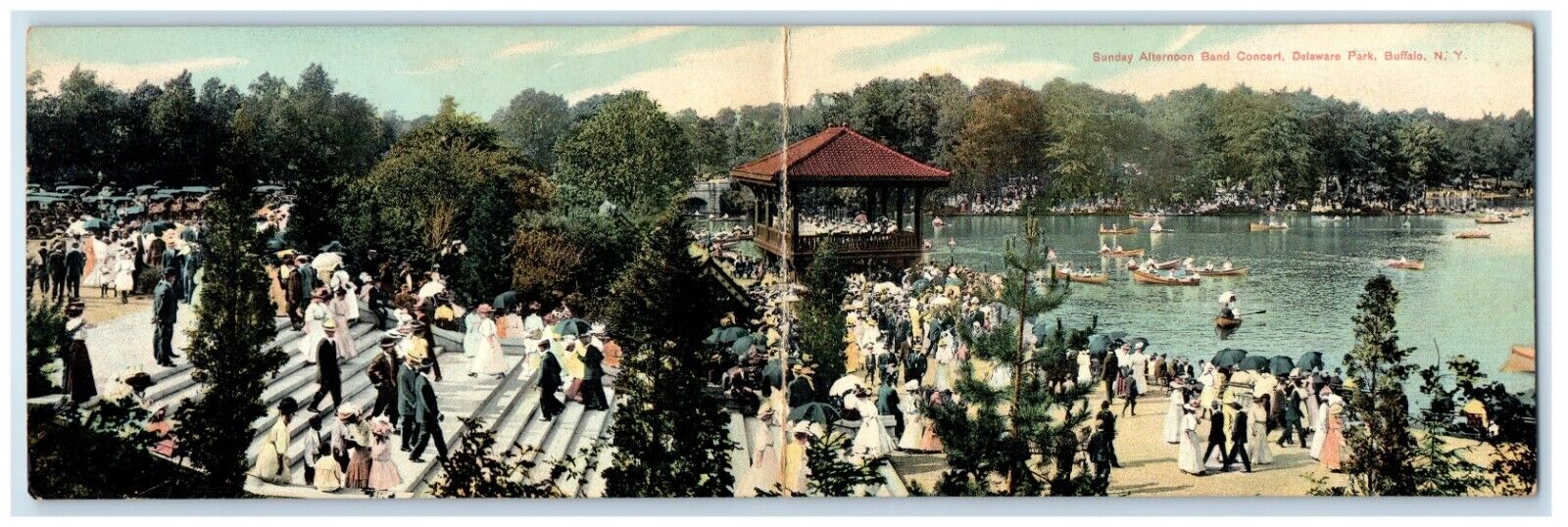 c1905 Panorama Fold Out Band Concert Delaware Park Buffalo New York NY Postcard