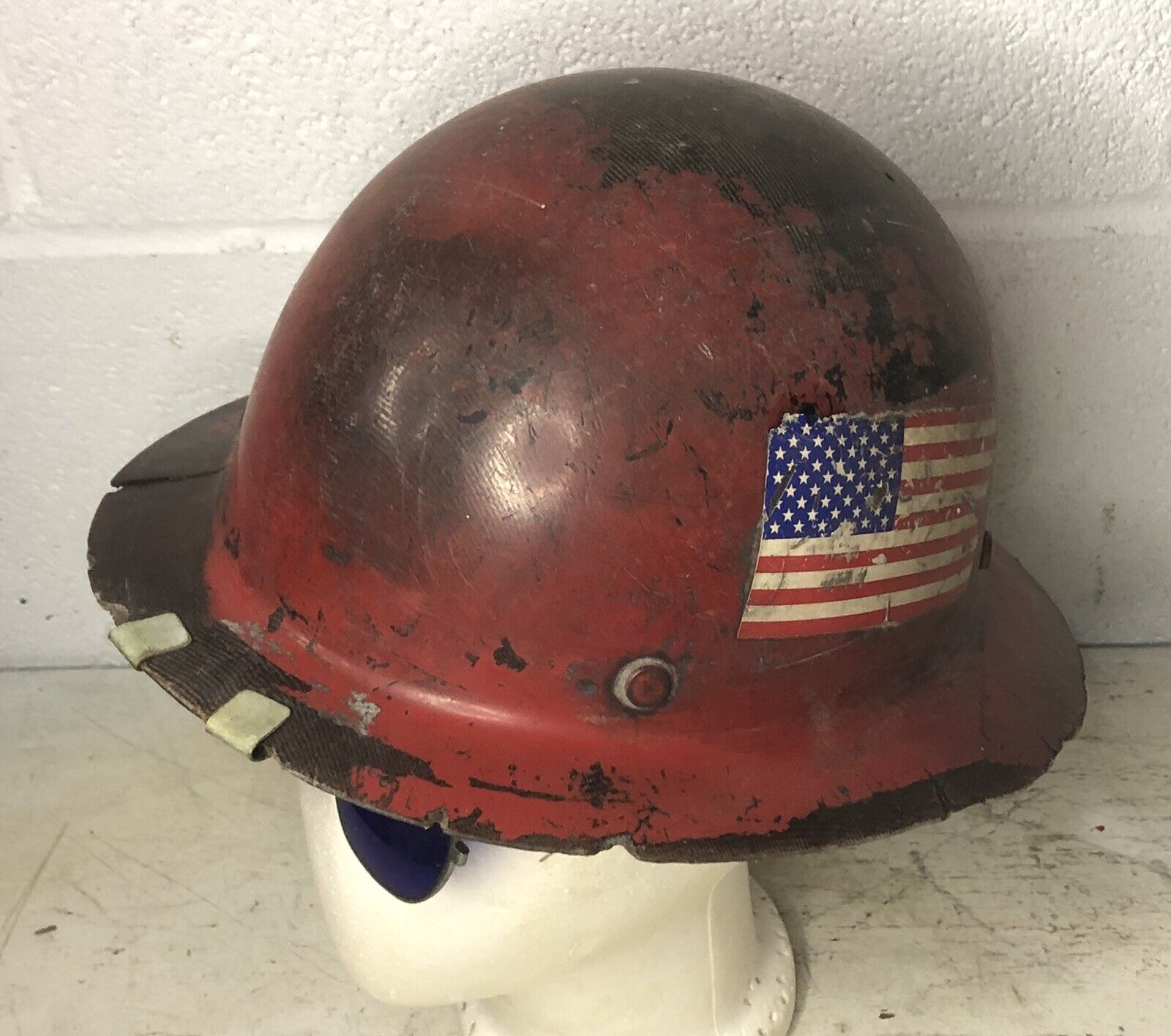 Antique Vintage MSA Coal Miner Helmet Cobalt Blue Safety Glasses Red Hard Hat