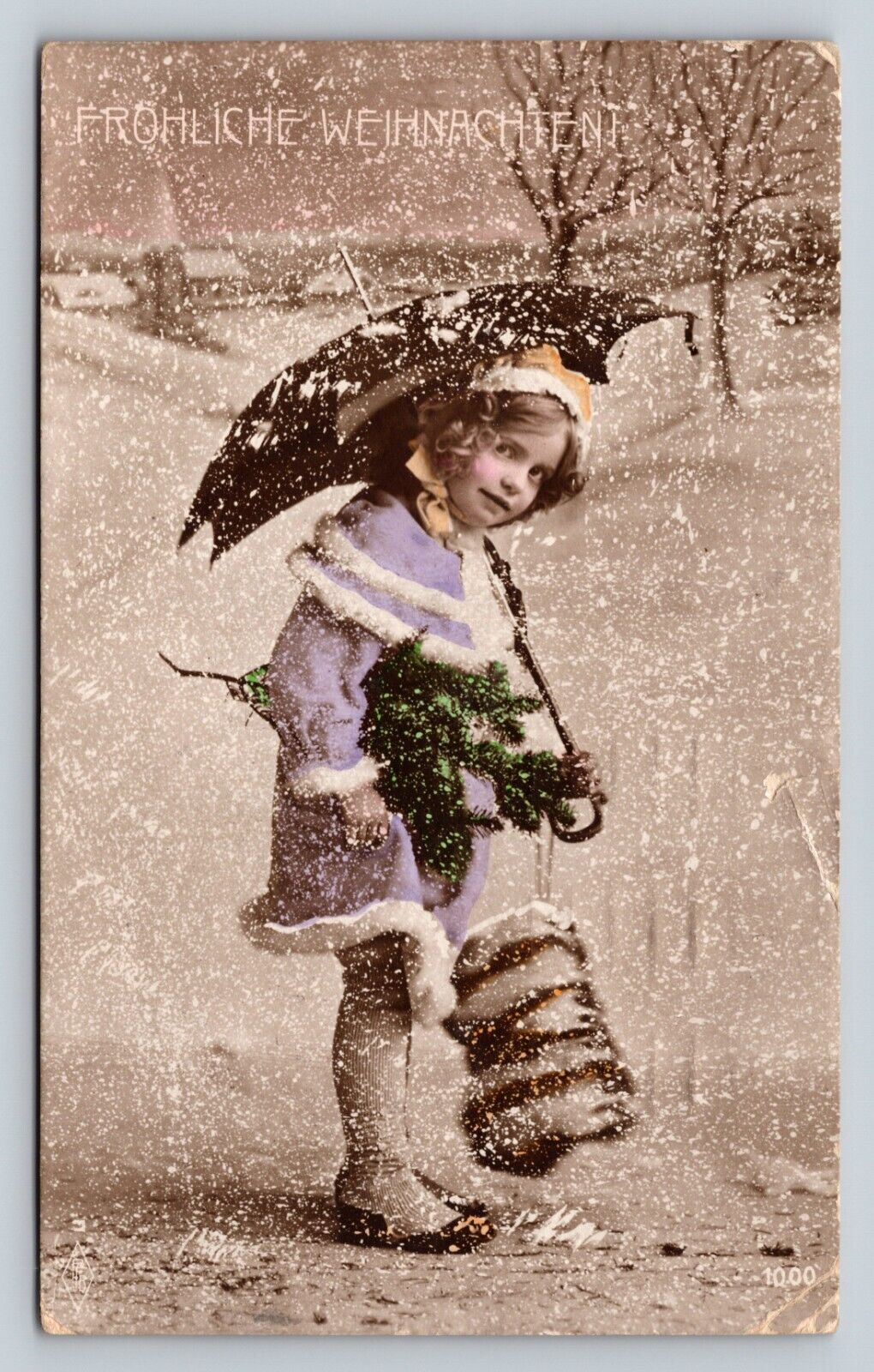 c1912 RPPC Merry Christmas, Girl w/ Umbrella In Snow Hand Color Tint Postcard
