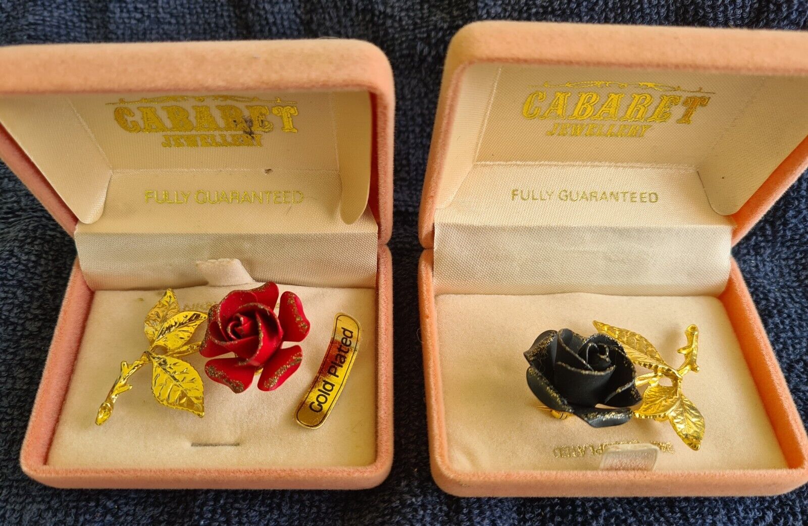 Pair (2) CABARET Gold Plated Jewellery Black & Red Rose Dress Pins C.1987+ BOXED