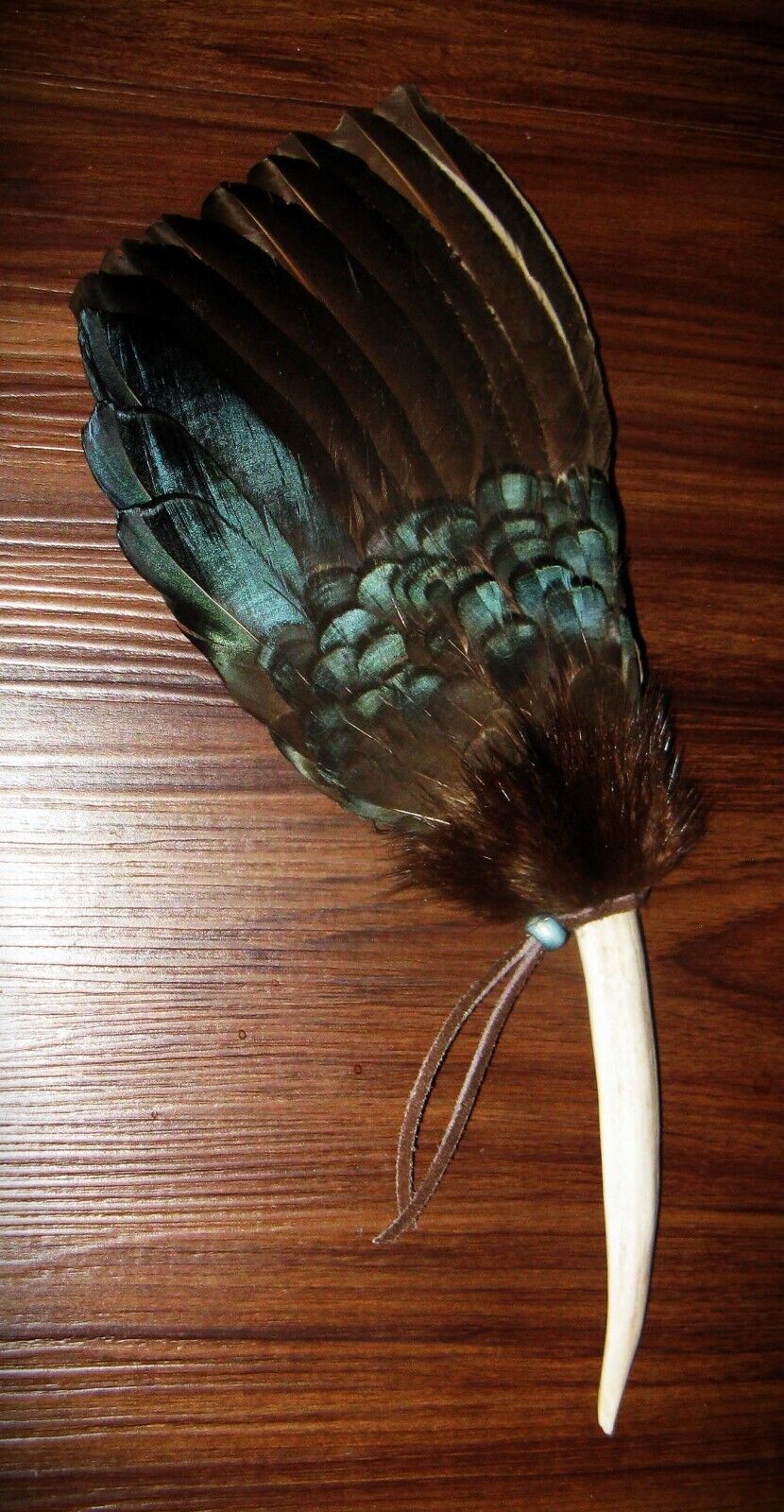 AMHERST PHEASANT NATIVE AMERICAN SMUDGE FAN FEATHER ANTLER PRAYER CEREMONIAL