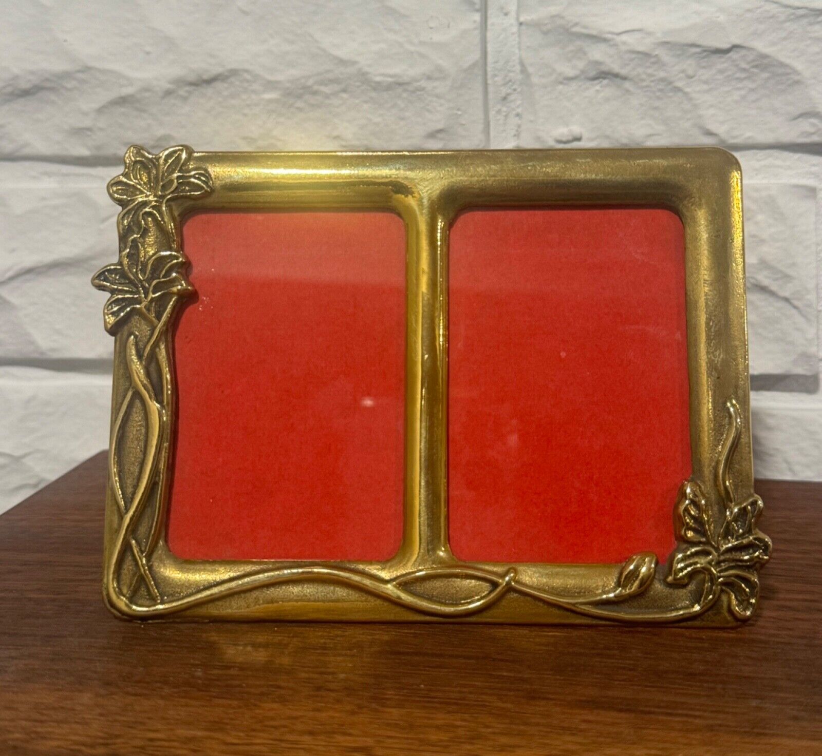 Vintage Brass Double Photo Frame Art Nouveau Made in Italy