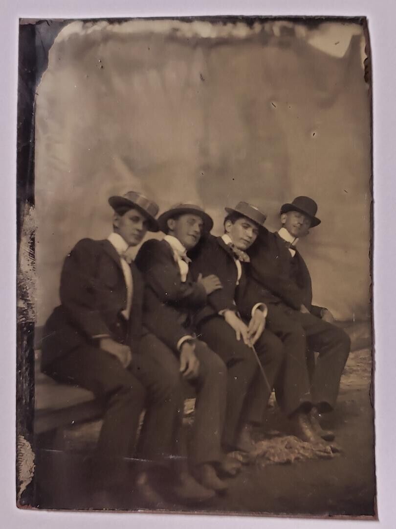 Antique Tintype Photo Bench Leaning Affectionate Touching Young Men Gay Interest