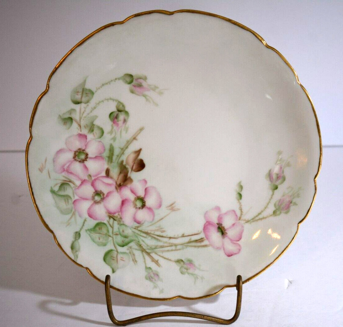 Antique PL Limoges France Hand Painted Porcelain Dresser Plate Pink Floral