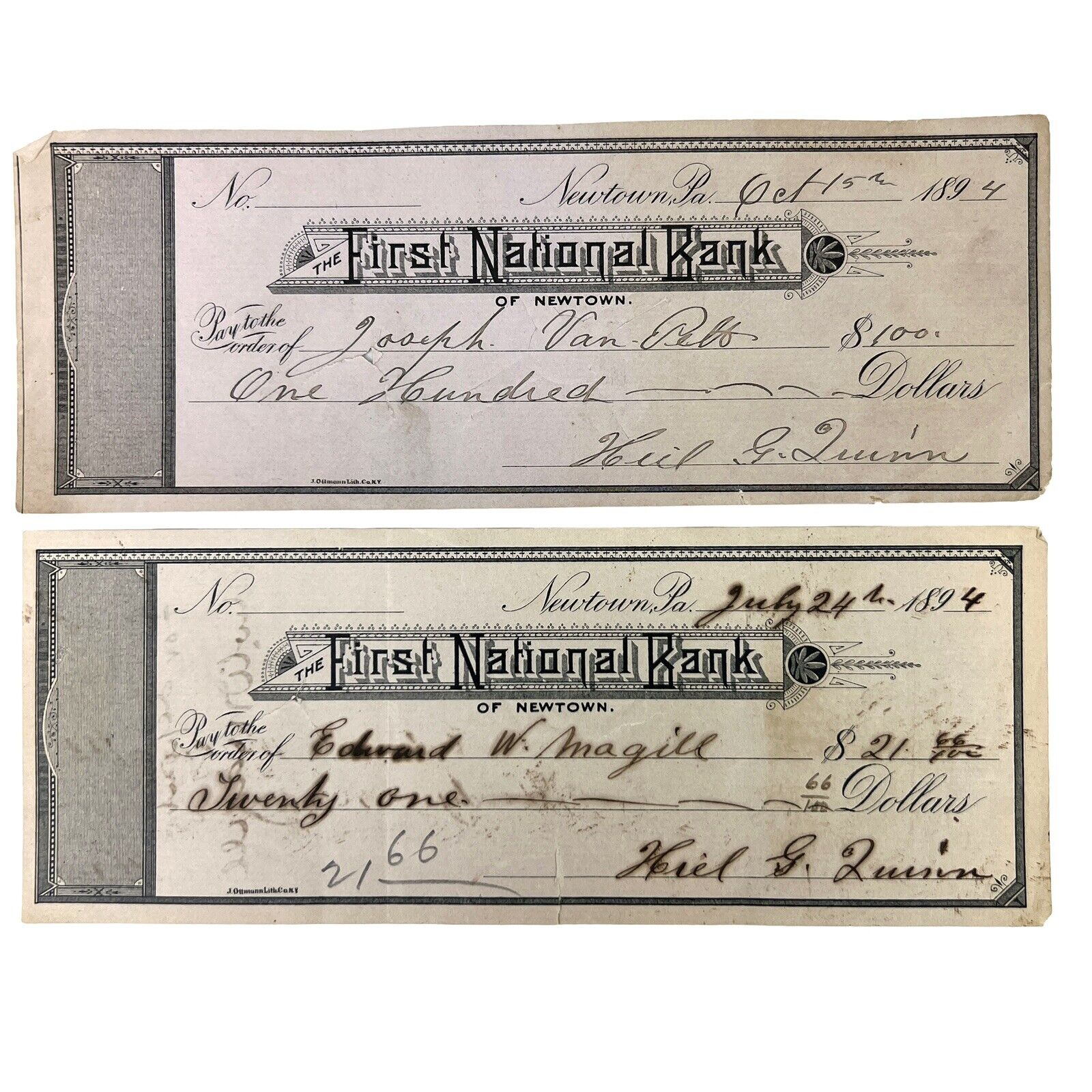 Antique 1894 The First National Bank NEWTOWN, PA Set of 2 Checks JOSEPH VAN PELT