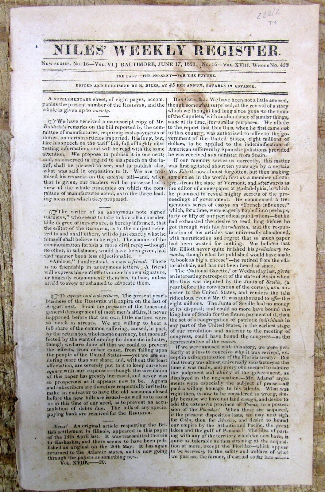 1820 newspaper wth earliest attempt by AMERICANS to SETTLE in Mexico-ruled TEXAS