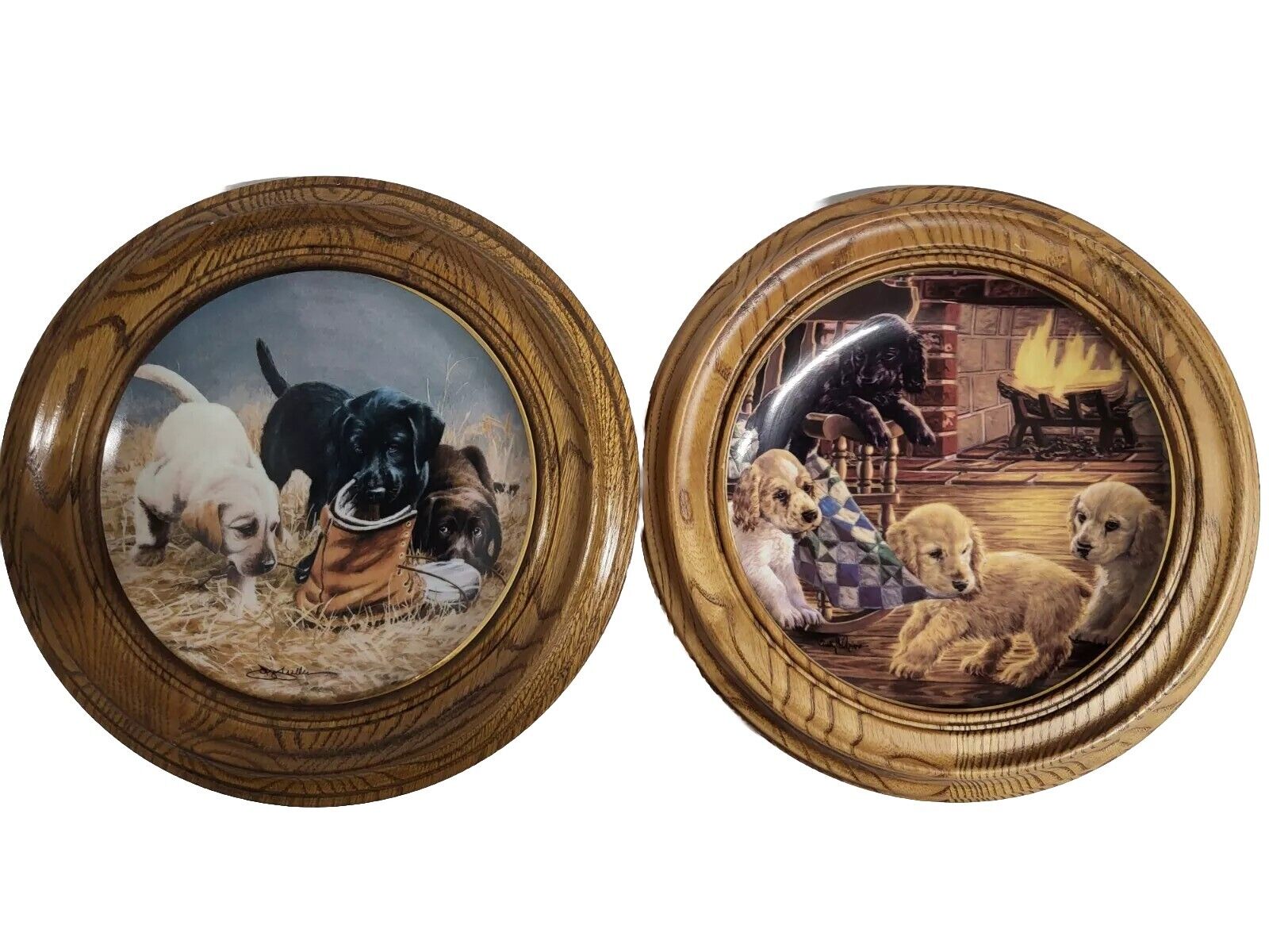 Pr Vintage Signed & #\'d Ltd Edition  Franklin Mint Plates Framed In Wood Puppies