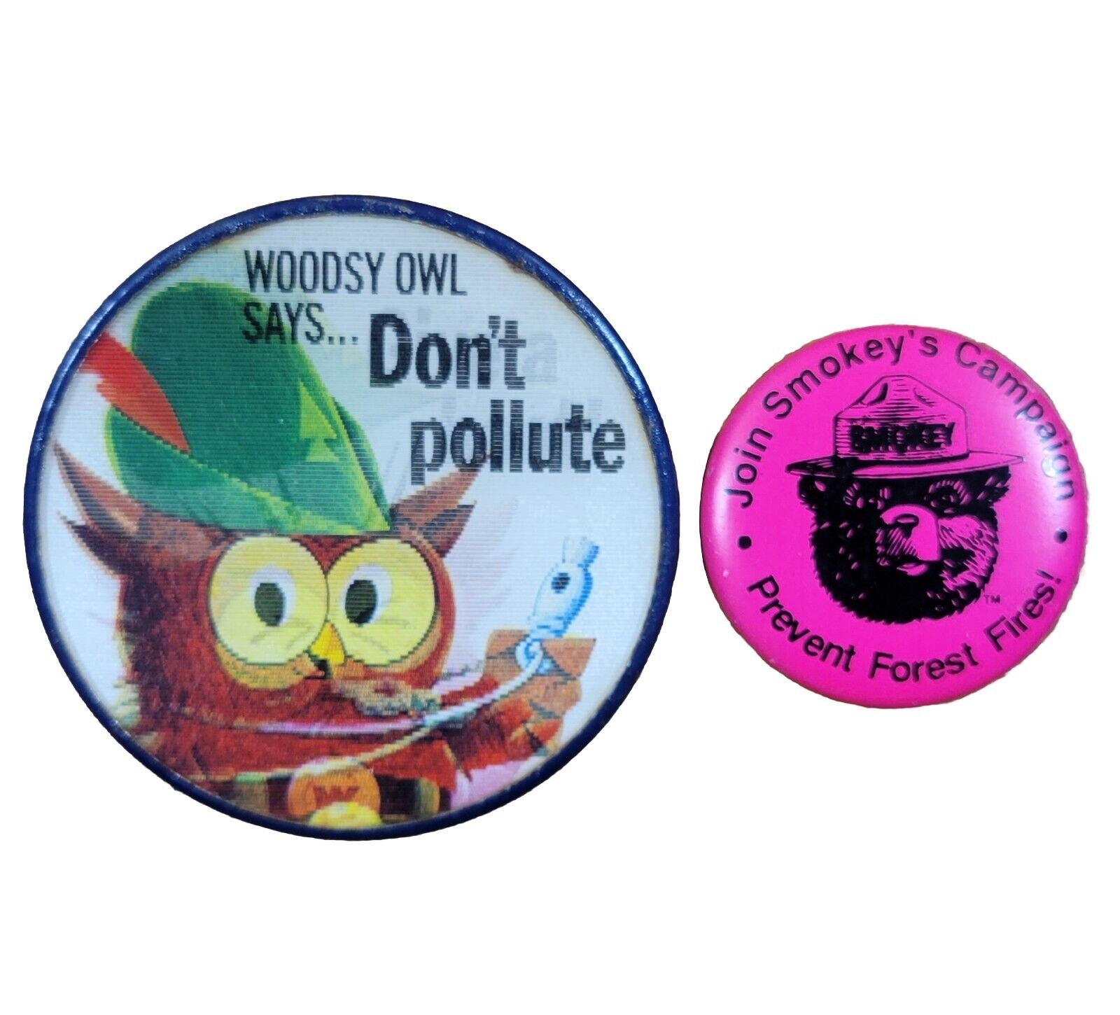 2 Vintage 1970\'s WOODSY OWL & SMOKE THE BEAR Pins, Preowned