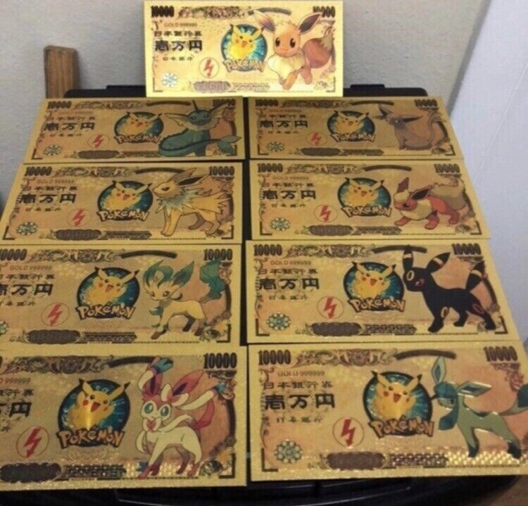 24k Gold Foil Plated Eevee Evolution Pokémon Banknote Set Anime Collectible