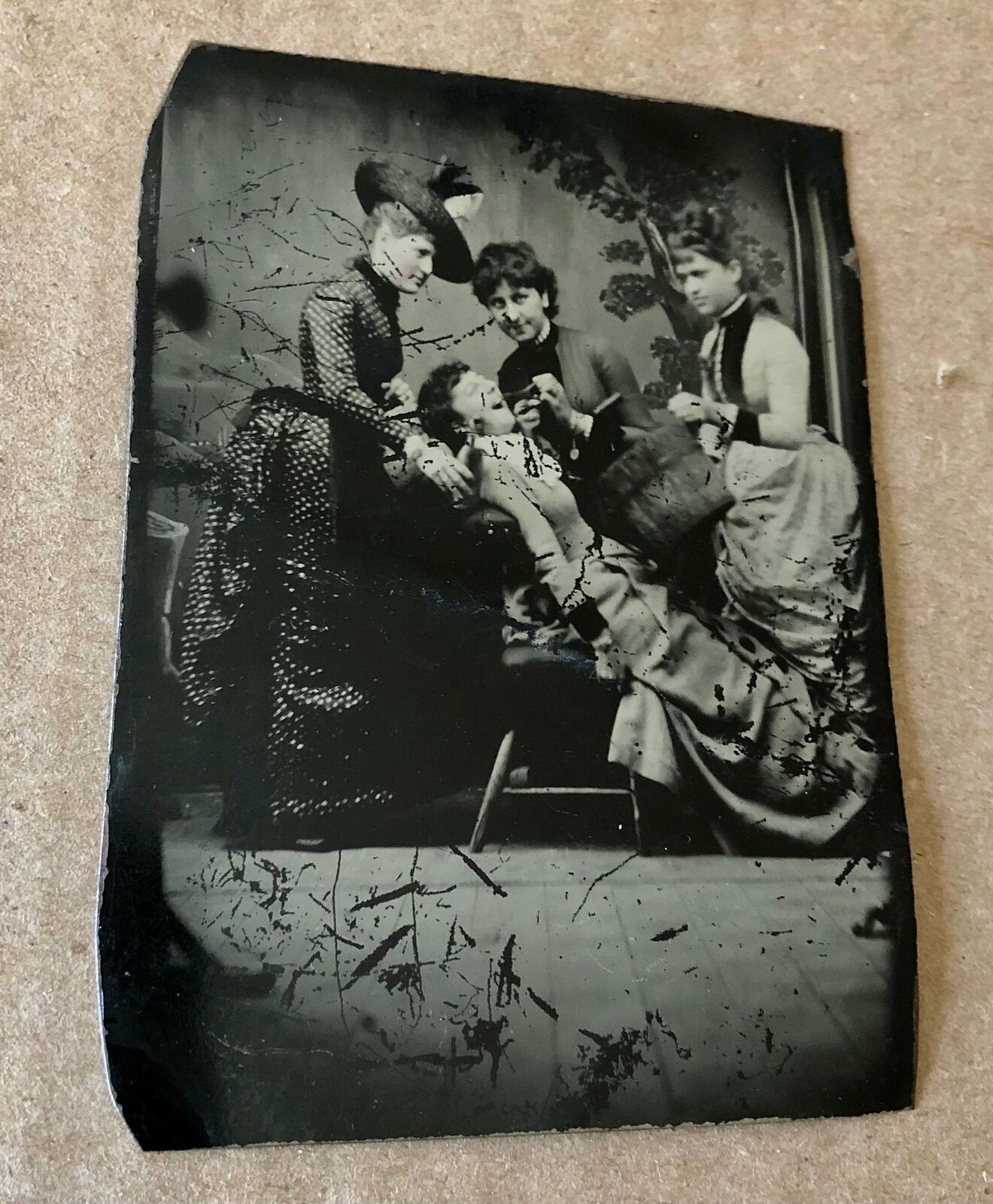 Antique Tintype Photo, Victorian Girls Playing Dentist Rare Unusual 1800s