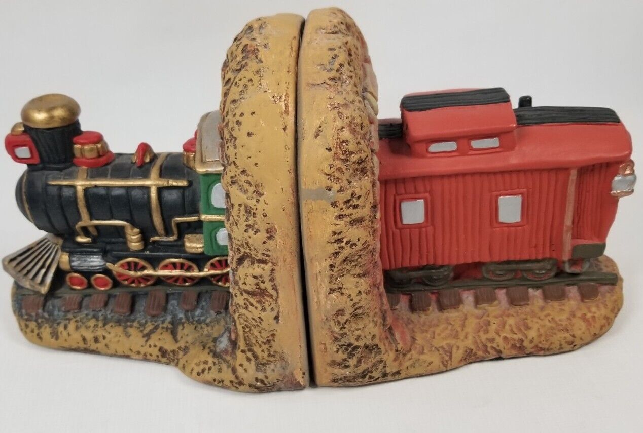 Railroad Train Bookends Steam Engine Locomotive Caboose Hand Painted Plaster 