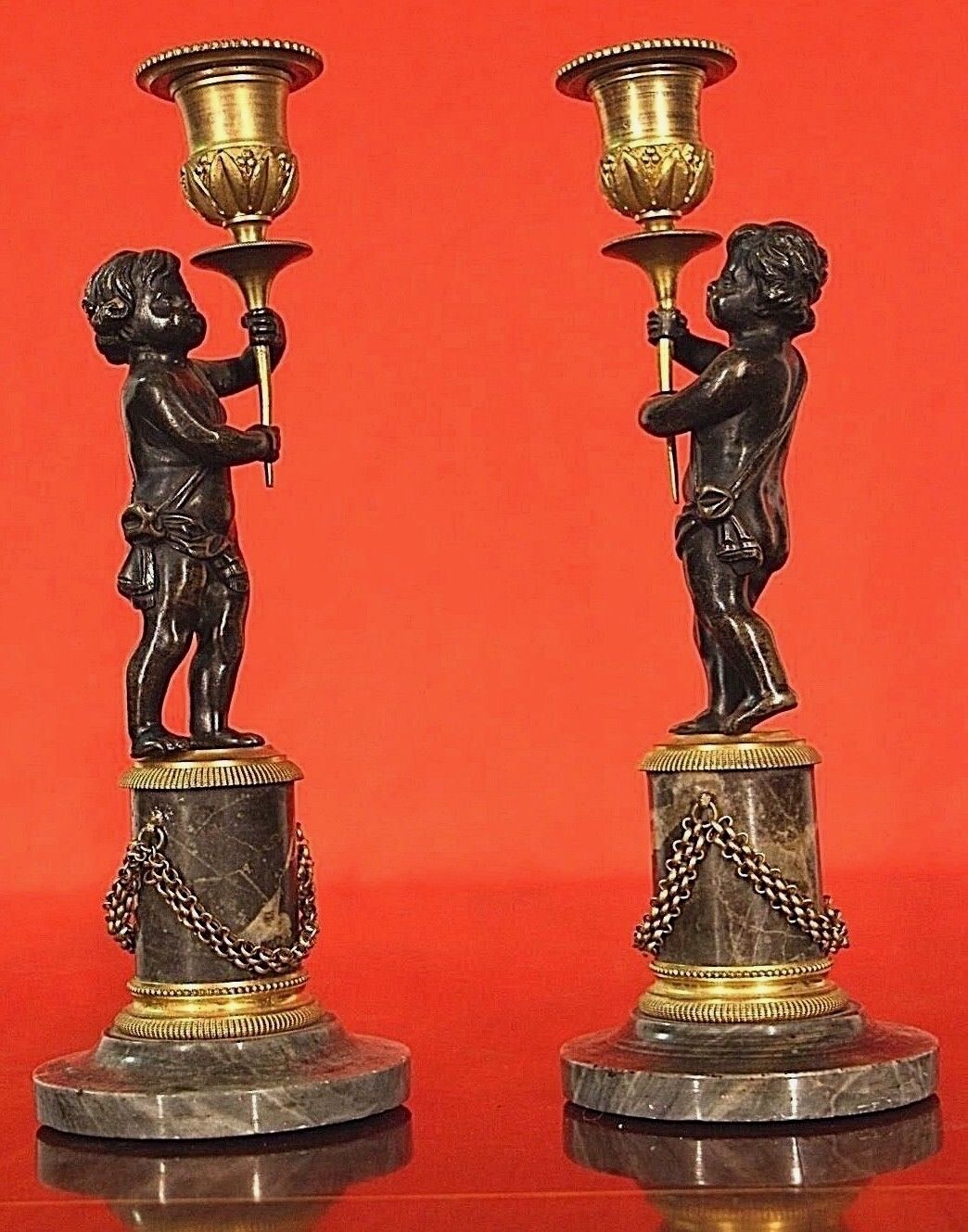 Pair antique French ormolu putto candlesticks marble bronze candelabra Napoleon 