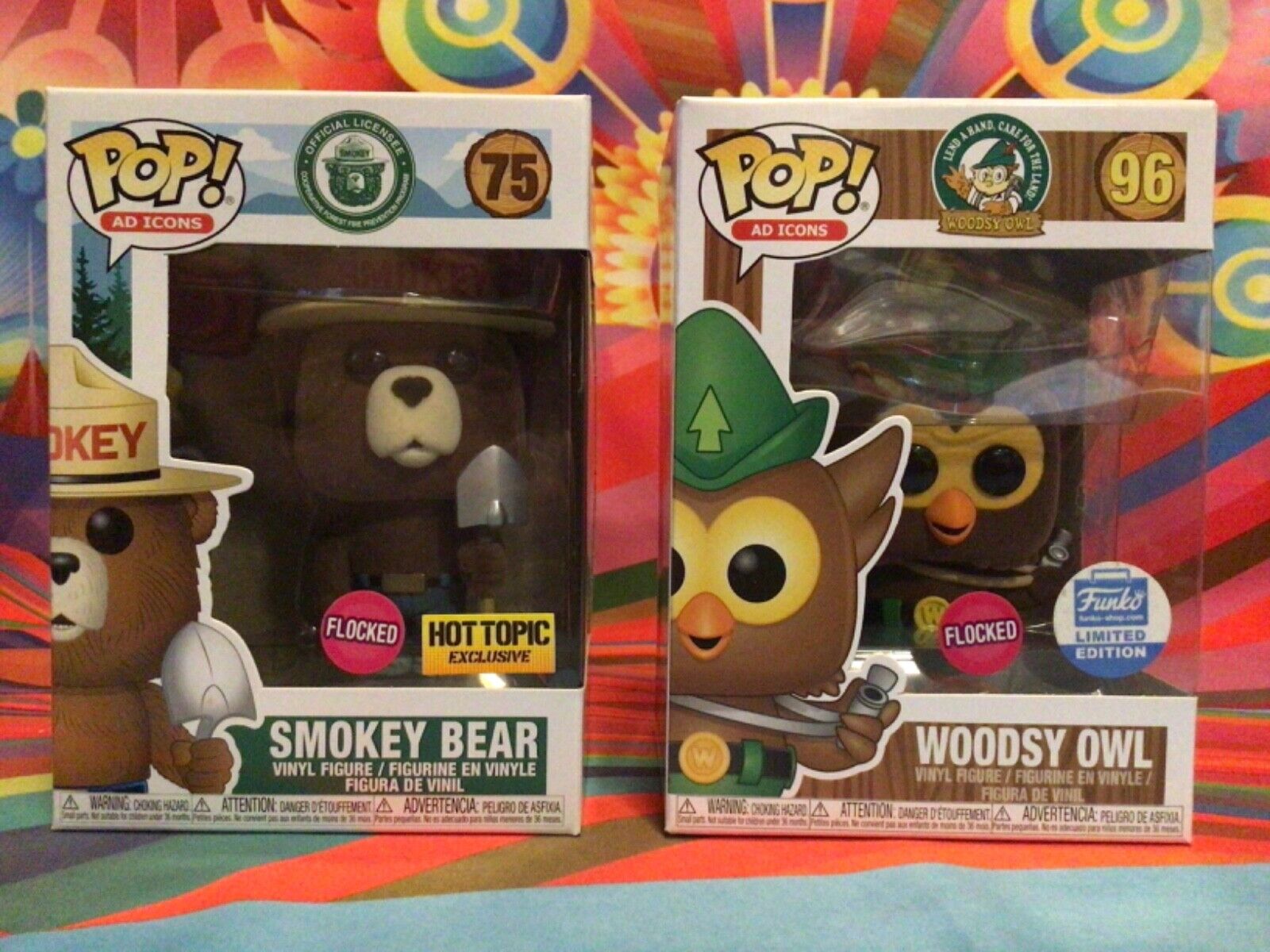 funko pop woodsy owl #96 & smokey bear #75 both are flocked, NIB, minty fresh