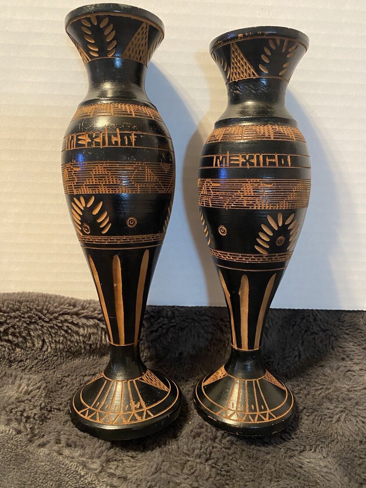 Set Of 2 Vintage Wood Candle Sticks/vases Hand Carved  Black & Wood Tone Mexico