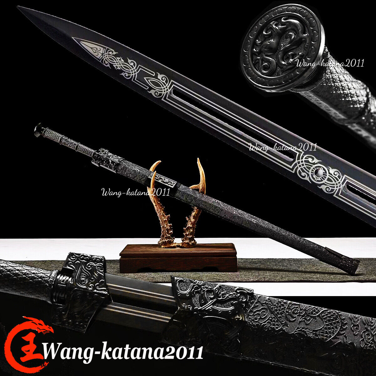 43\'\'Black Dragon Chinese Han Dynasty Jian 1095 Steel Double Edge Straight Sword