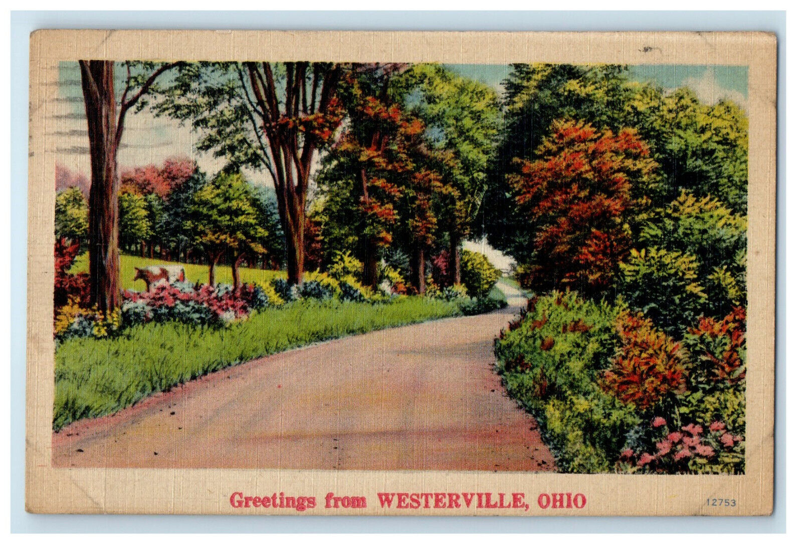 1944 Colorful Flowers, Cow, Greetings from Westerville Ohio OH Postcard