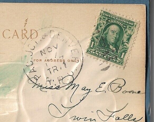 565  1907 Embossed Postcard  Pacific Junction & Denver RPO RR Railroad Postmark