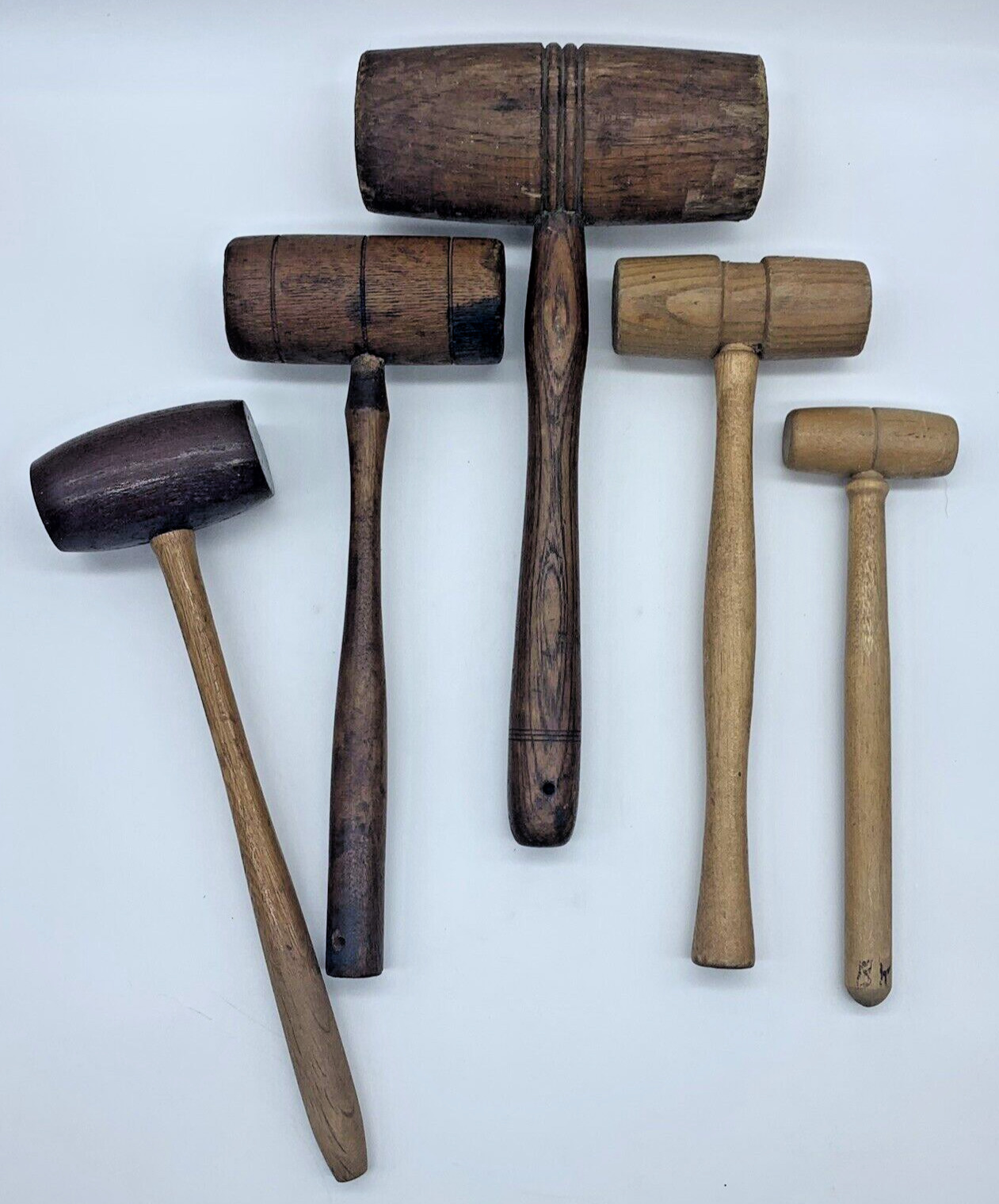 Lot of 5 Antique Vintage Wooden Mallets Gavels Hammers Large Medium Small
