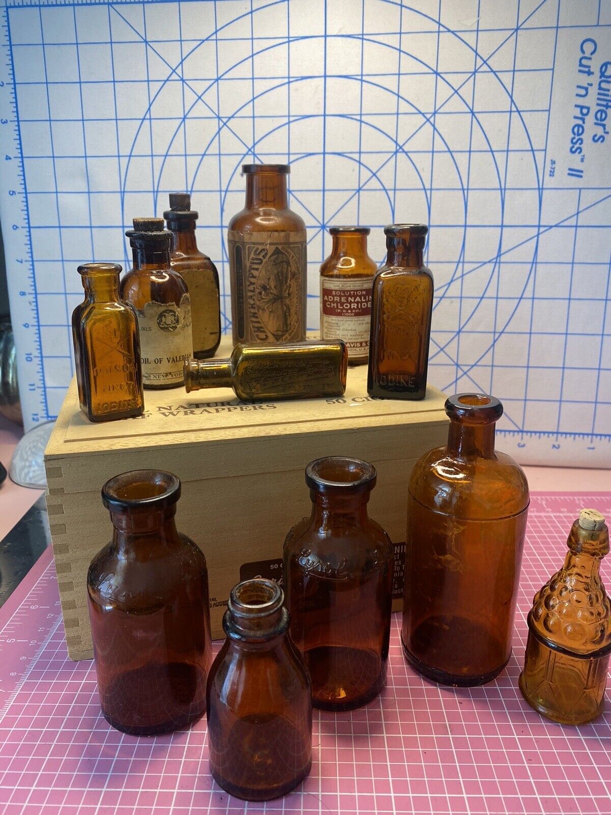 Antique Amber Medicine Bottles Lot Of 12 And Cigar Box