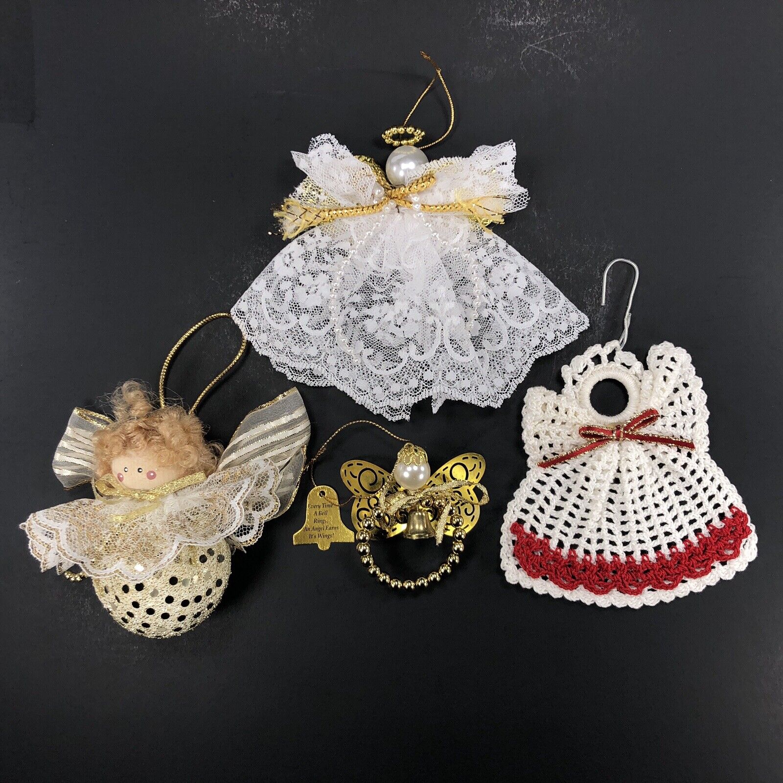4pc Lot VTG Victorian ANGEL Christmas Ornament Lace Crochet Gold #132