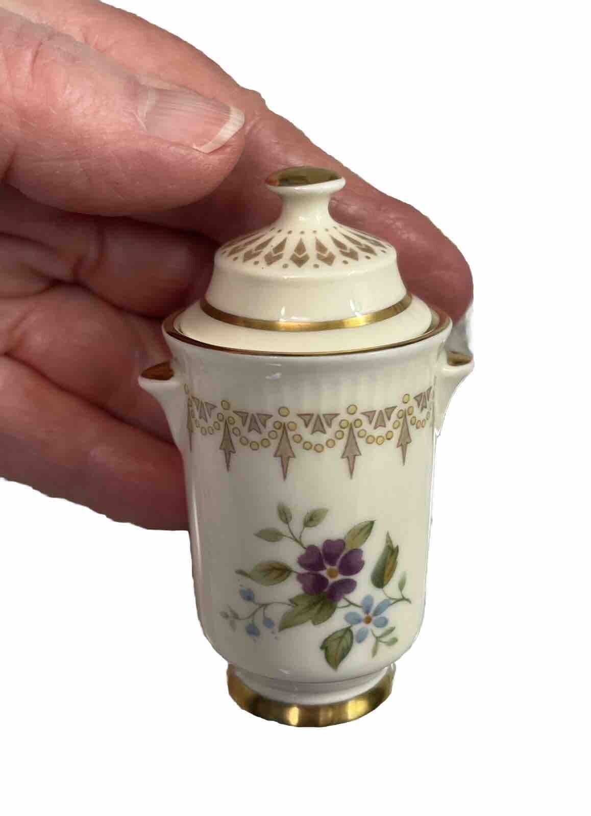 Vintage Minton Floral On Cream Ground Miniature Vase W/ Lid And Gold Trim 3 1/8”