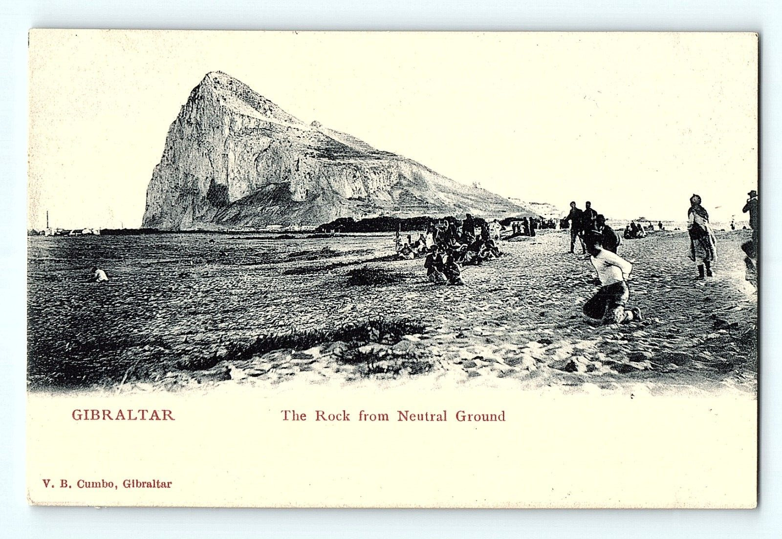 Men Crouched on Sands The Rock From Neutral Ground Gibraltar Antique Postcard D4