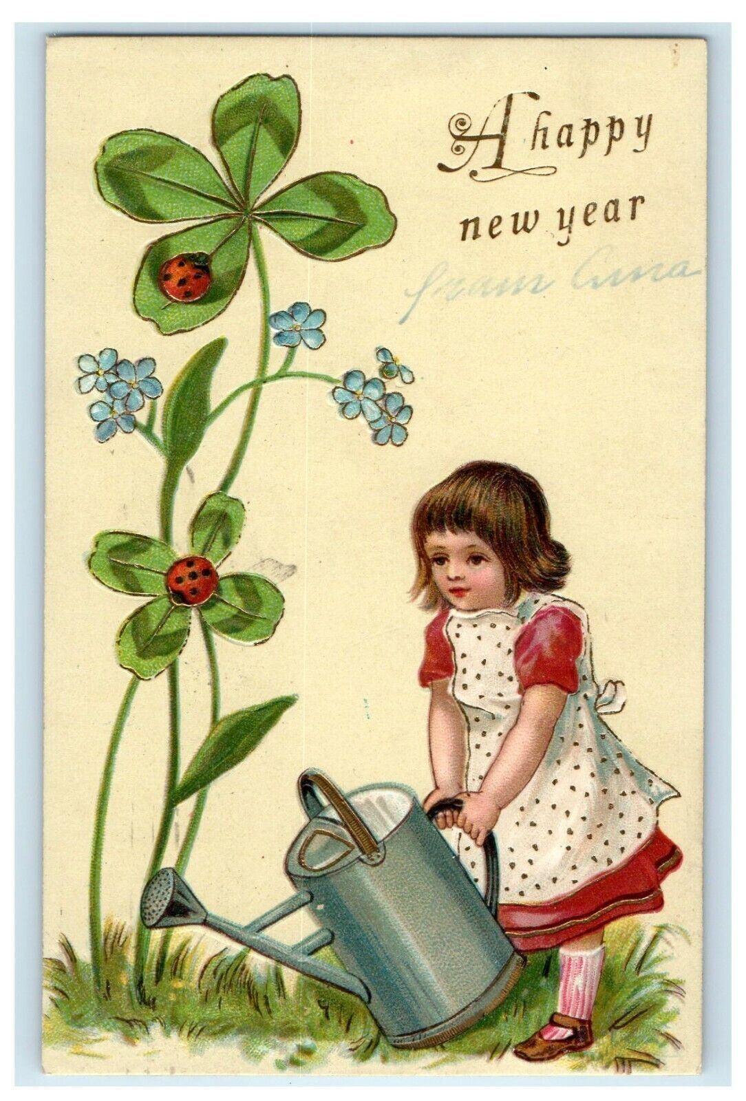 c1905 New Year Ladybug Clover Watering Can Little Girl In Dress Antique Postcard