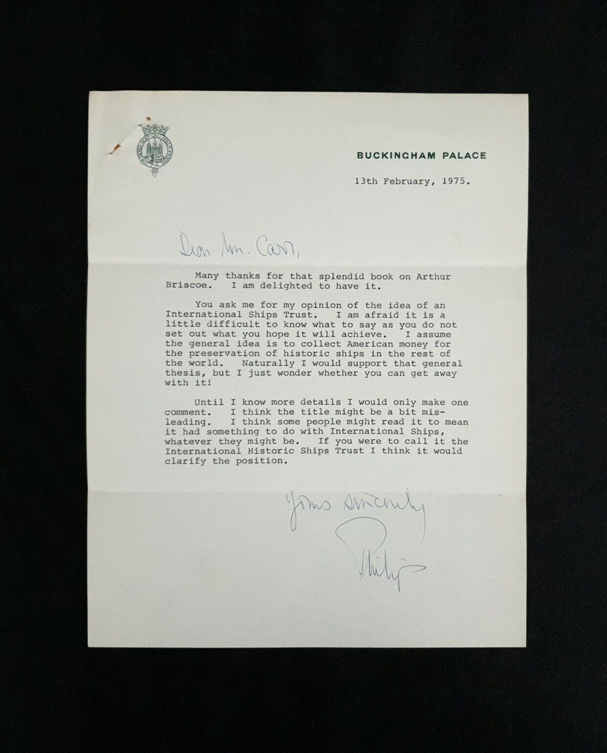 Antiqe Royalty Duke Prince Philip Signed Document Royal Letter Buckingham Palace