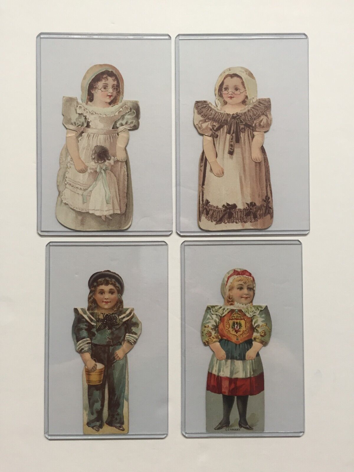 Lot of 4 Victorian Trade Card Stand Up Dolls Clark's ONT Spool Cotton Cordova