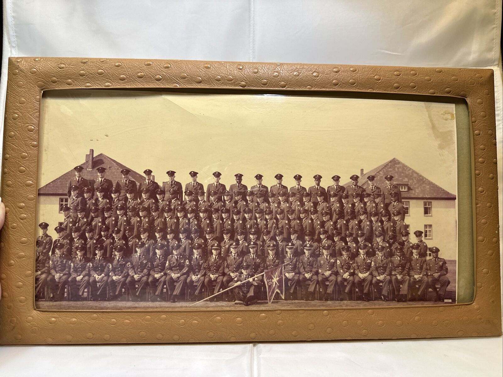 WWII US Infantry HQ26 Panoramic Military Group Photo Original Frame B&W Good