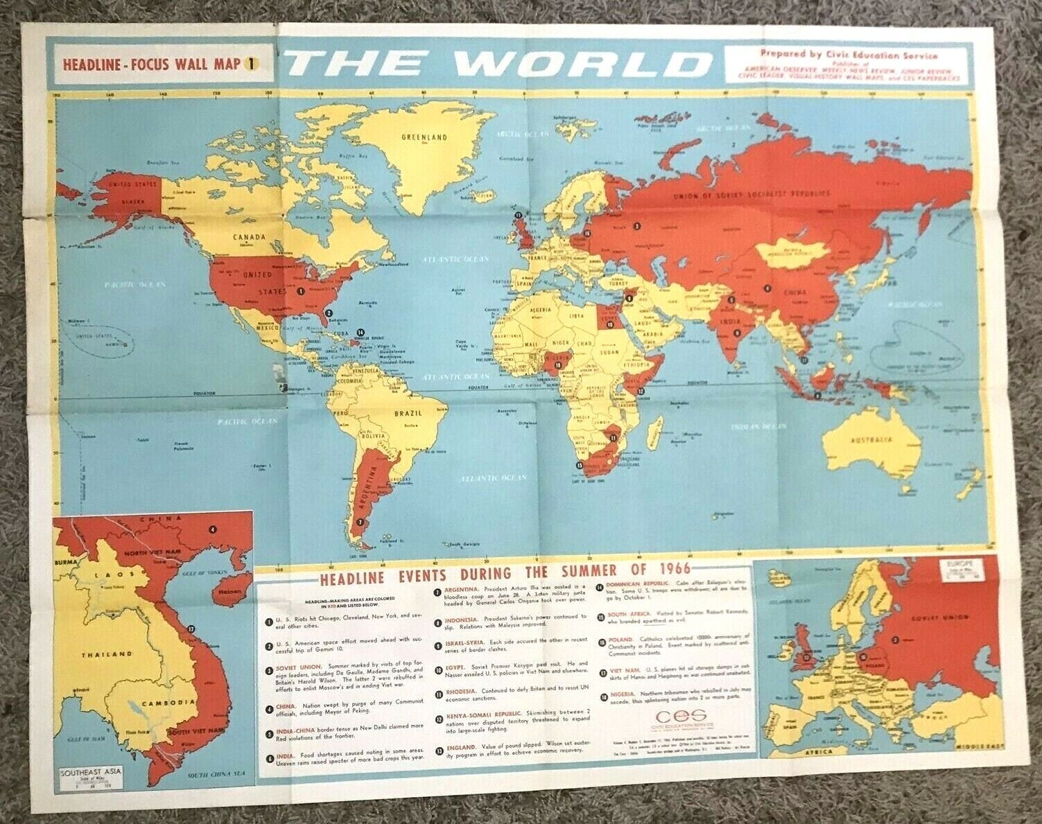 Vintage World Map Headline Focus School World Map 1966 Scholastic Magazine