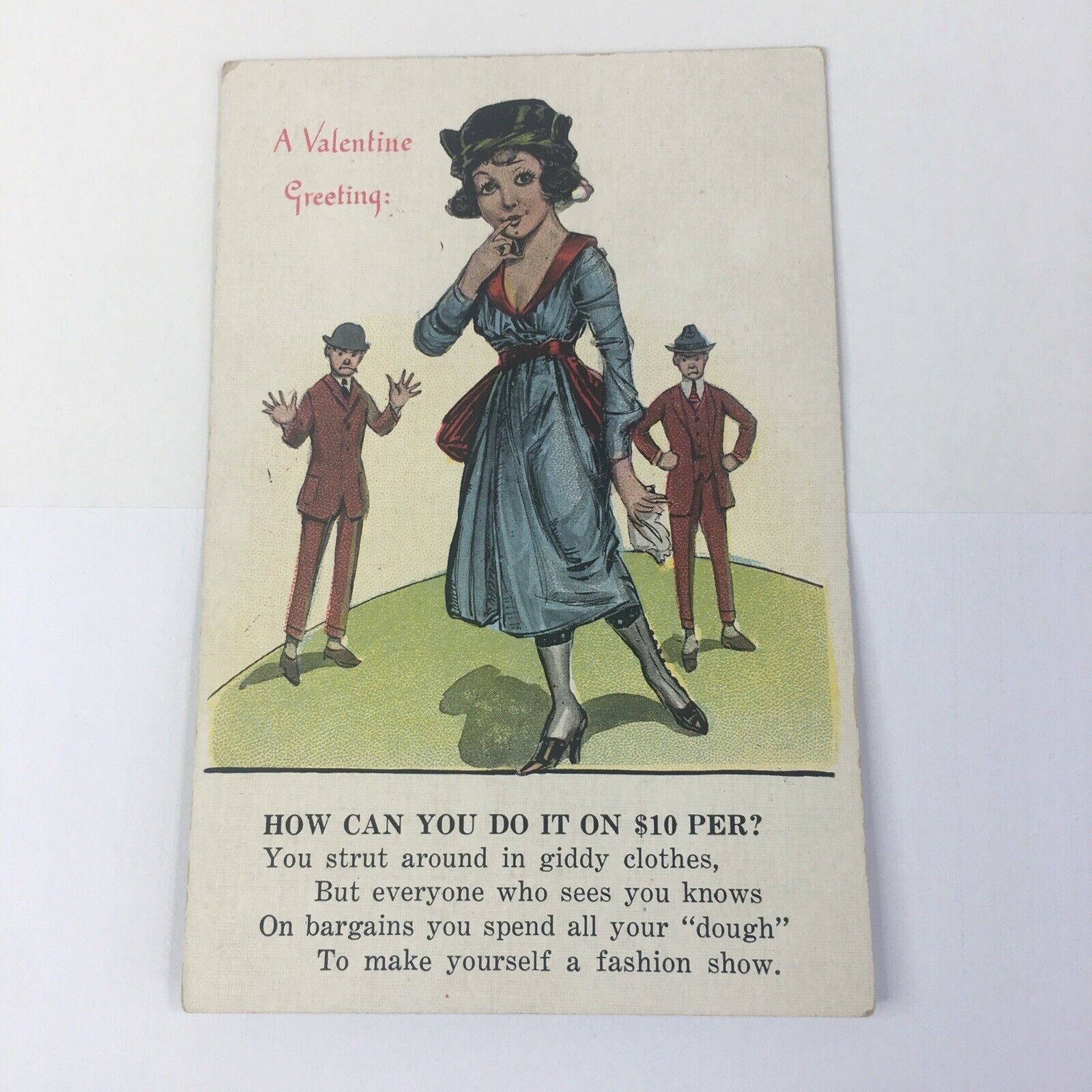 Vintage A valentine greeting postcard fancy dress woman 2 men fashion poem