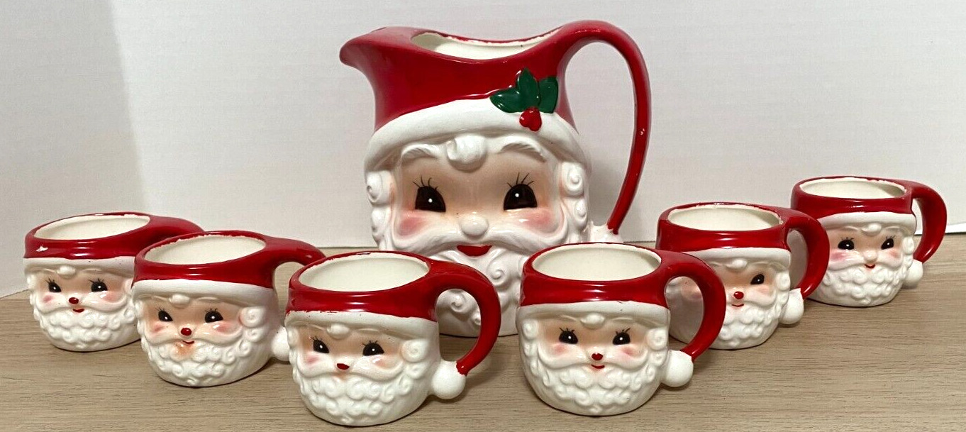 Napcoware Napco Japan Santa Pitcher With 6 Mugs Vintage Christmas NICE