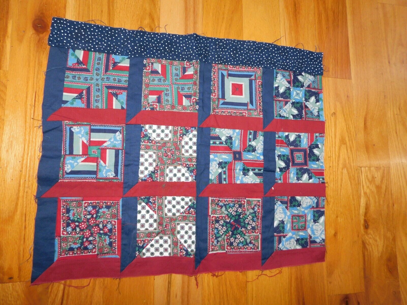 Sampler Quilt Top Handmade Navy Blue & Red Prints 20 x 17 Inches
