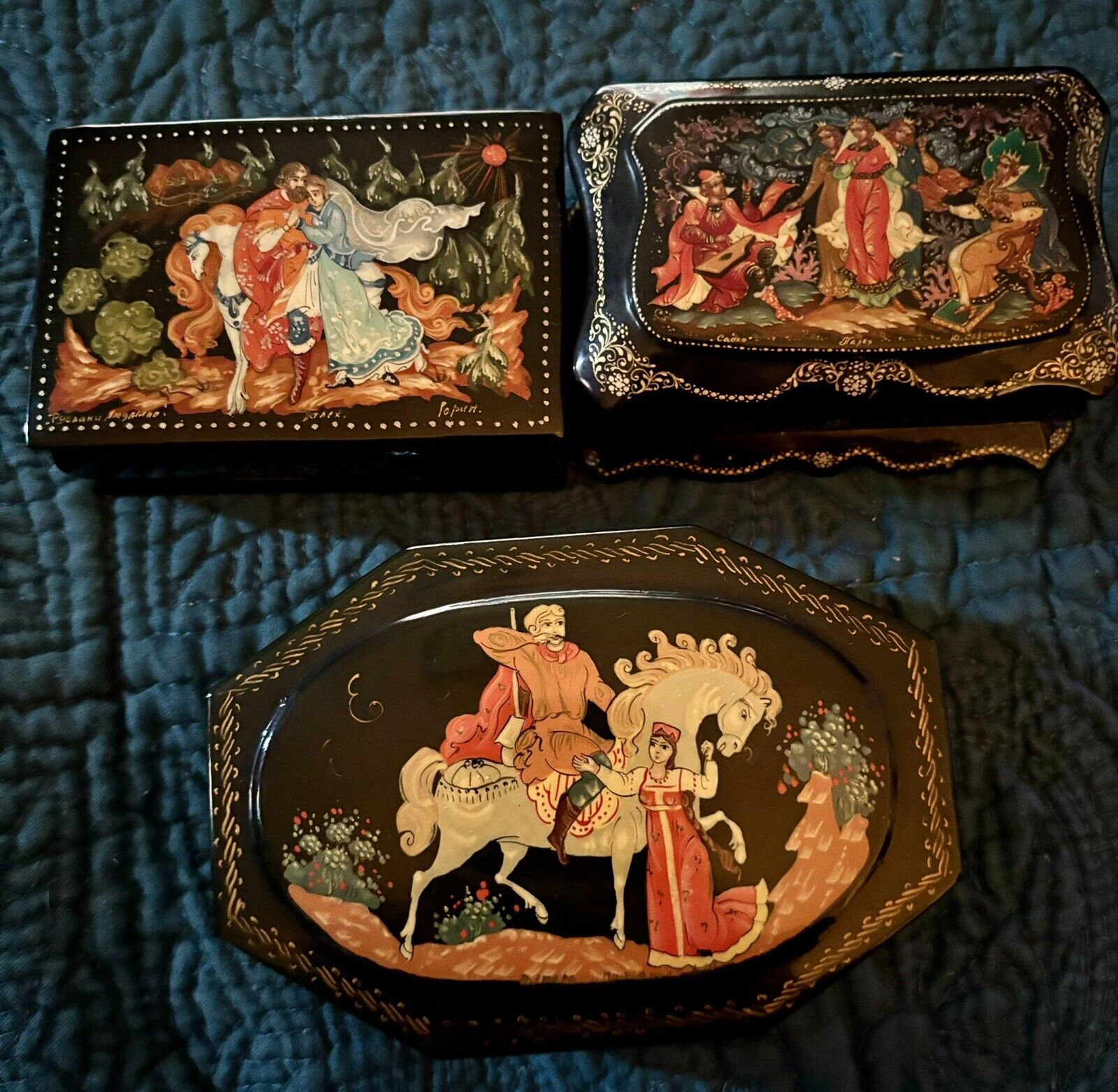 3 russian lacquer box vintage antique