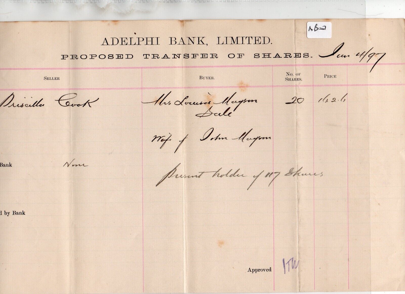 Adelphi Bank - (AB07) proposed  share transfer -  June 1897