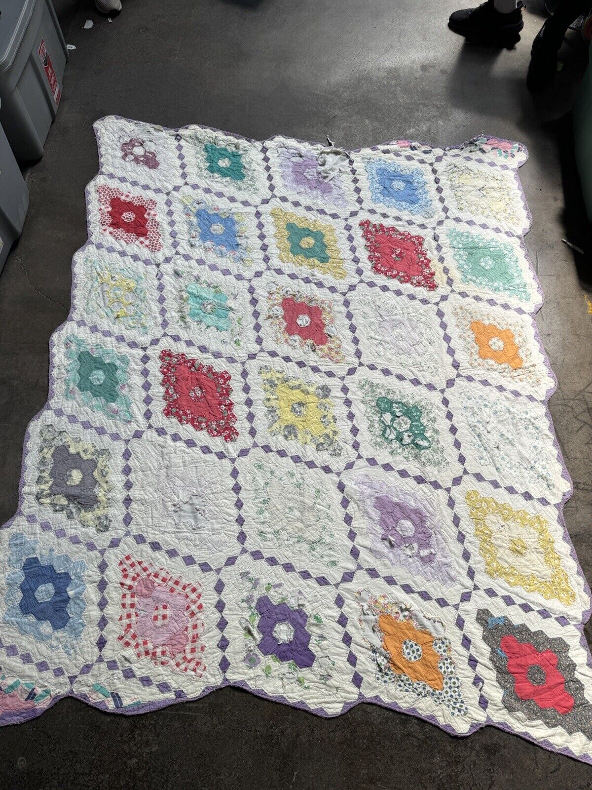 Vintage Grandmother Large Hexagon Patch Work Quilt Colorful Field Of Diamonds