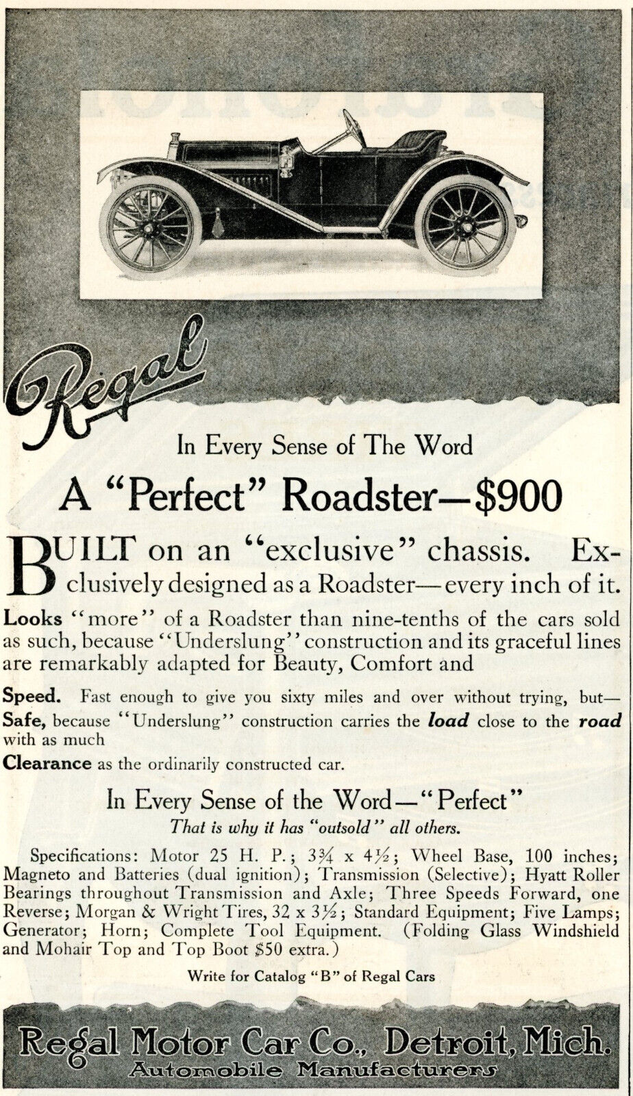 1912 Original Regal Roadster Ad. Exclusive Chassis Designed For Roadster Only
