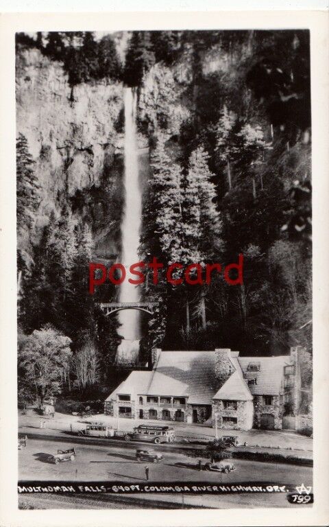 c1940\'s MULTNOMAH FALLS OR 640 ft Columbia River, Union Pacific Stages RPPC cars