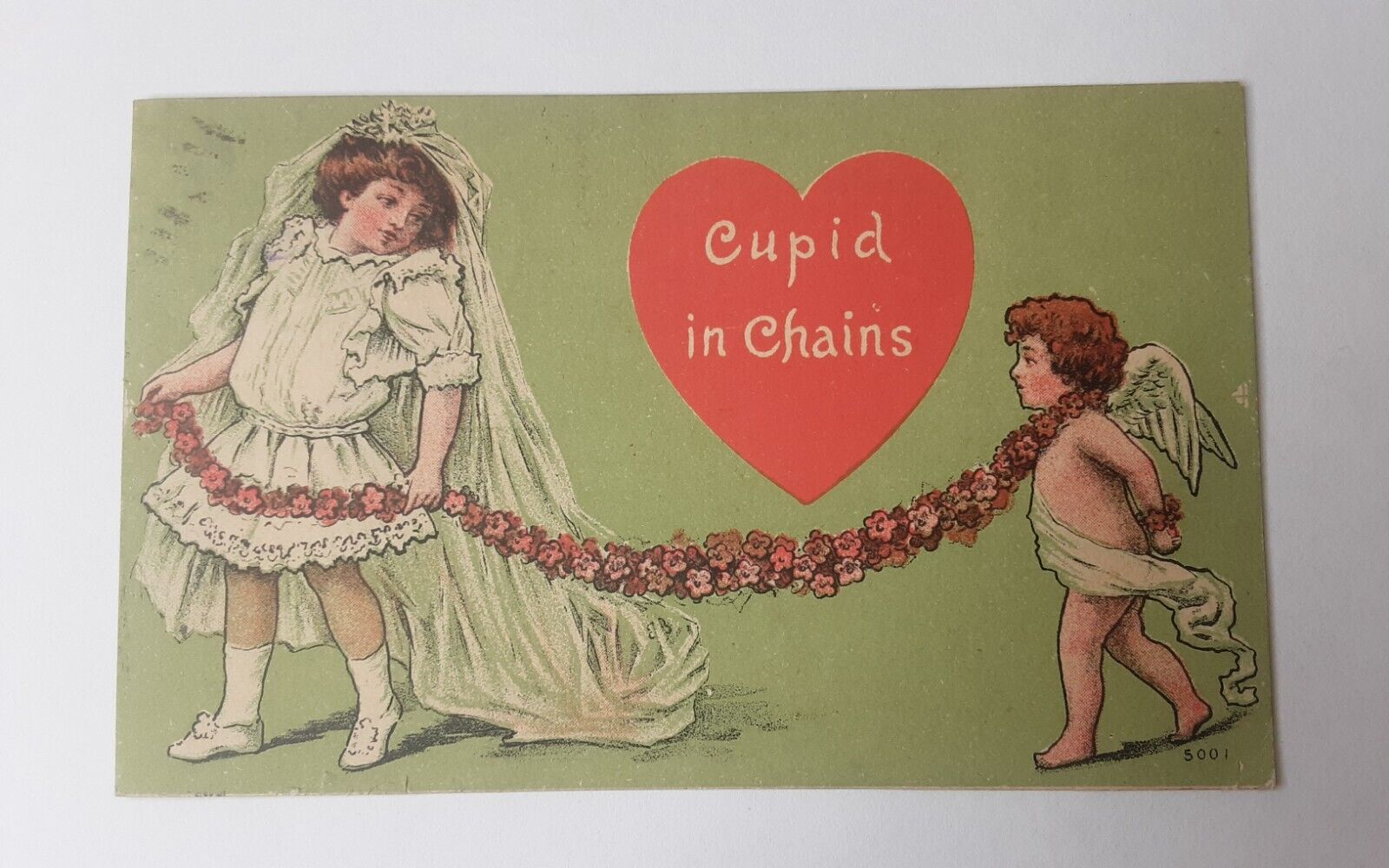 Valentine Post Card Series 5001 Victorian Girl Cupid In Chains