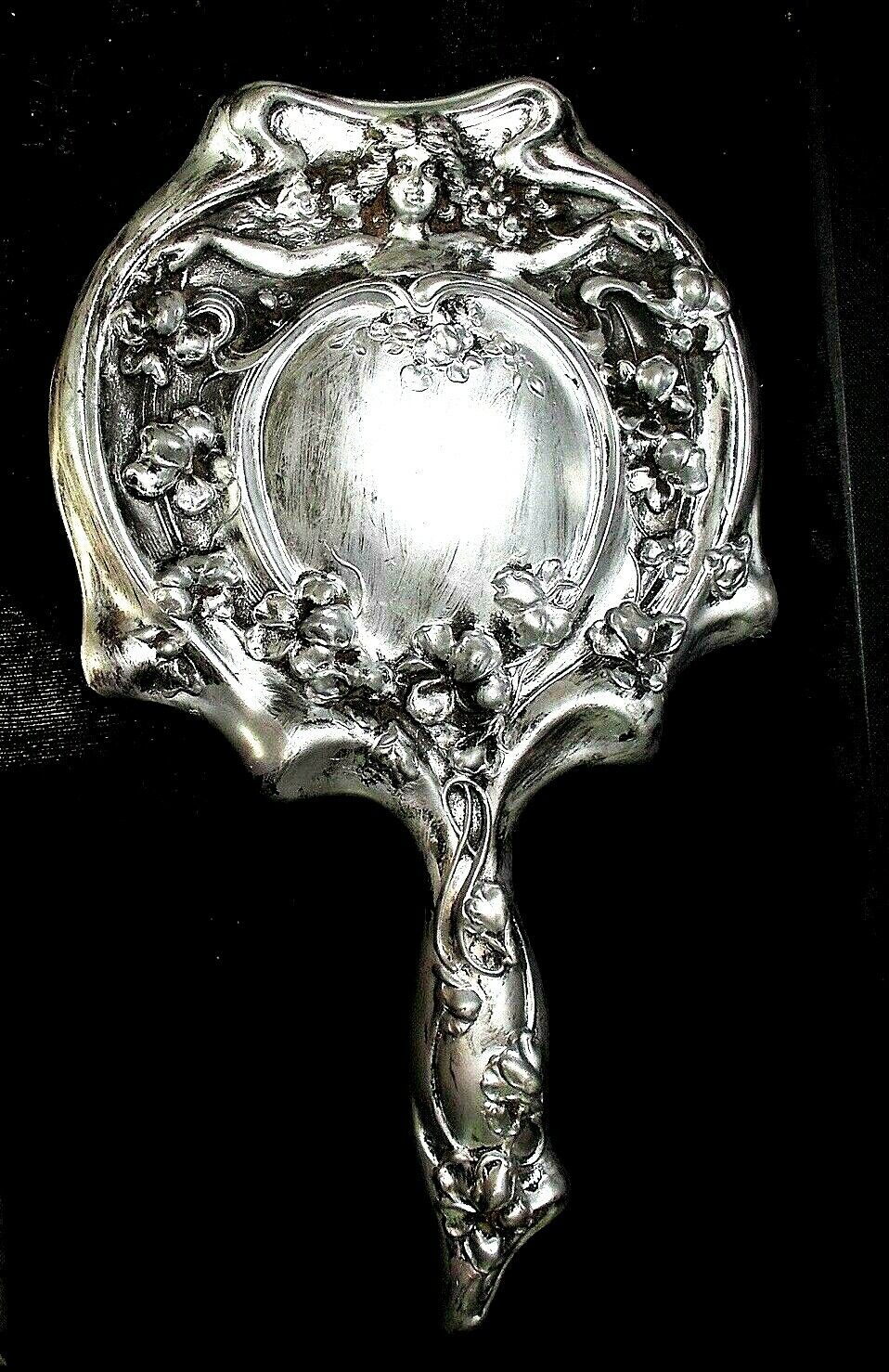 Goddess VICTORIAN Repousse 1900 HAND MIRROR long Curly Tendrils, Lots Hibiscus, 