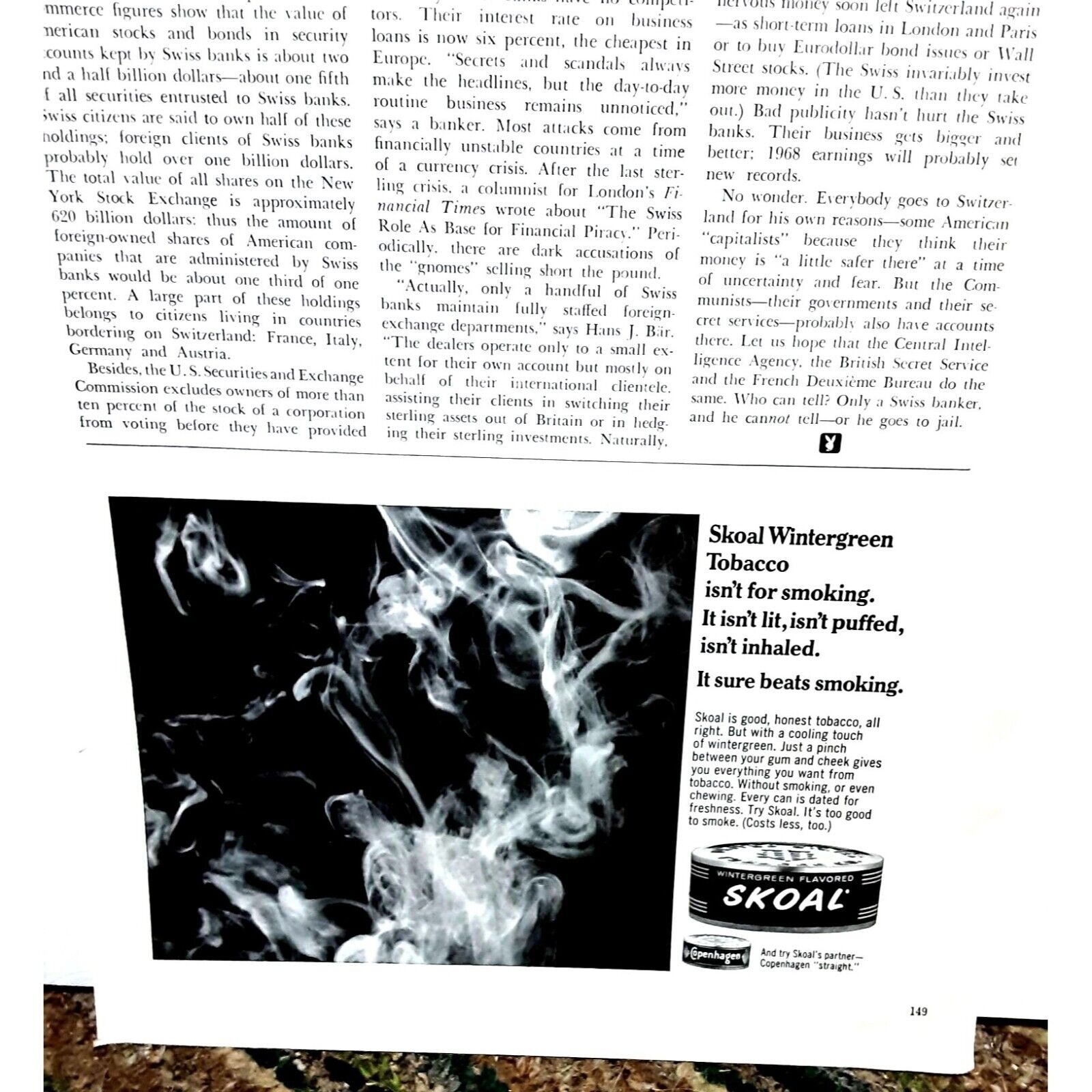 Vintage Skoal Wintergreen Tobacco 1968 Original Ad empherma