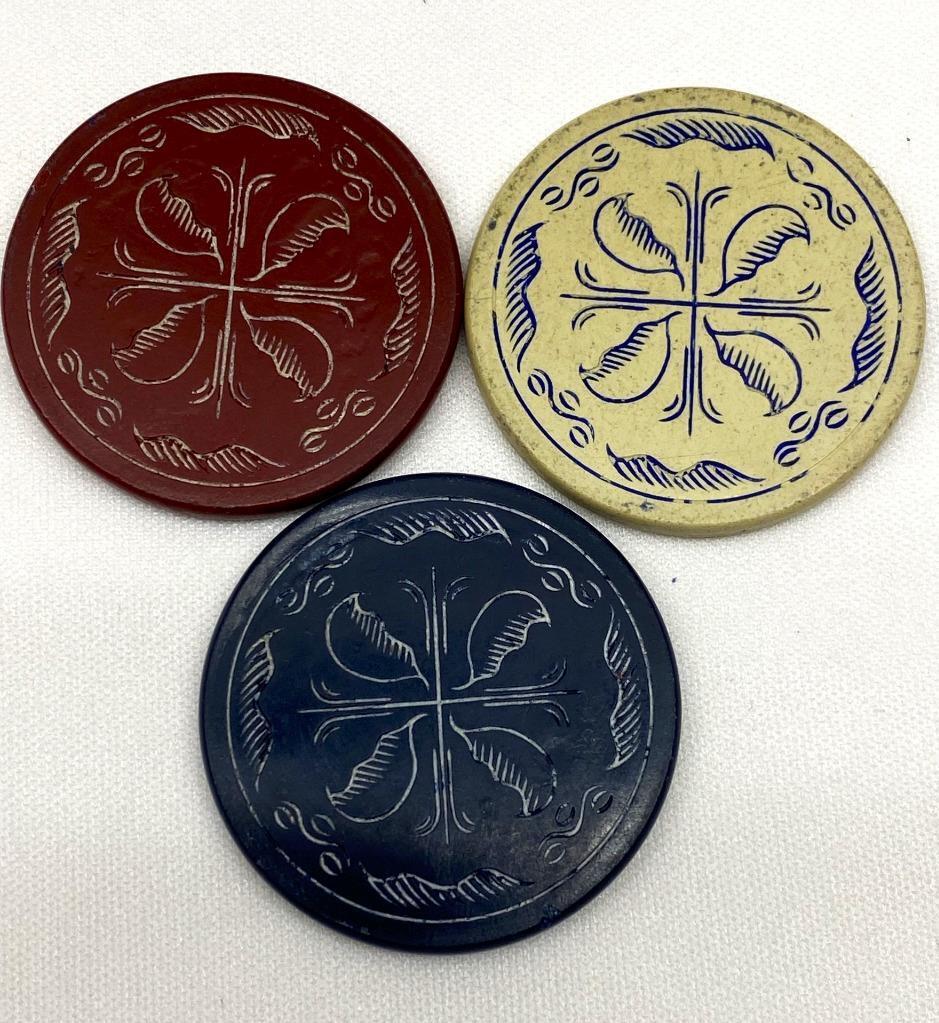 3 Antique Clay Poker Chips Engraved Floral Leaf Design 1 Each Red White Blue