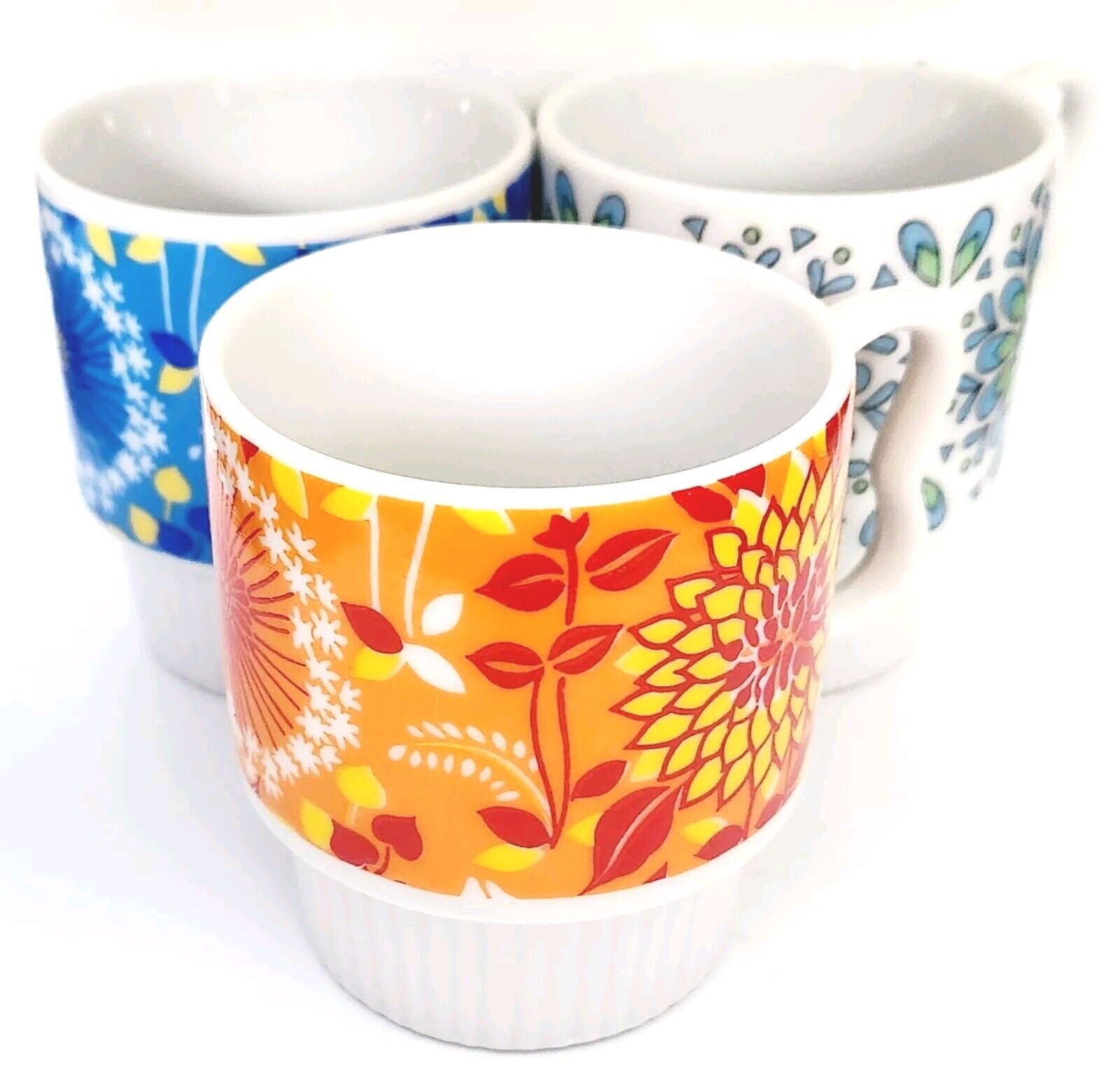 Vintage 1970's Stackable Ceramic Floral Mugs/ Retro