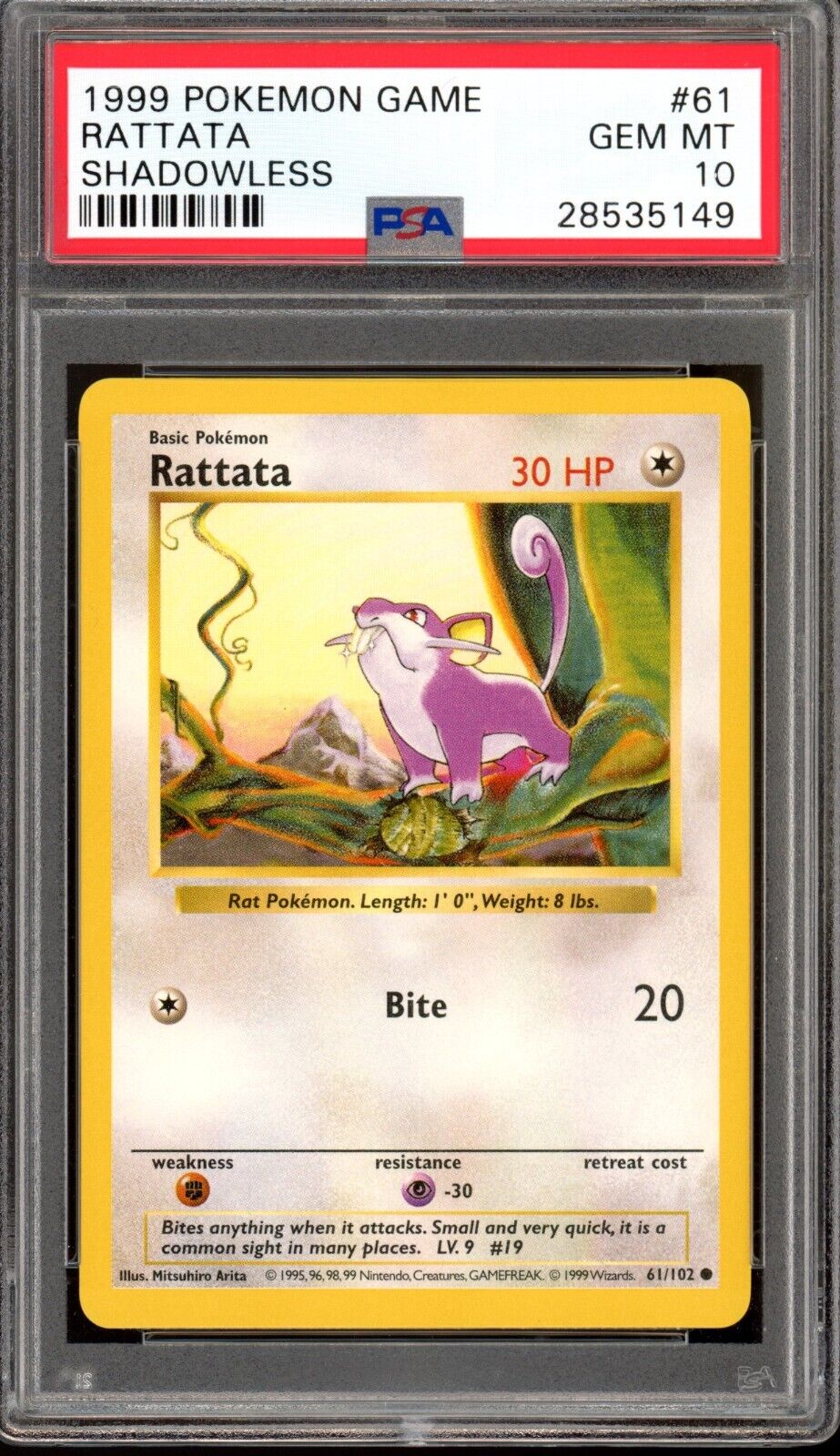 1999 Pokemon Base Set Shadowless Rattata 61/102 PSA 10 Gem Mint