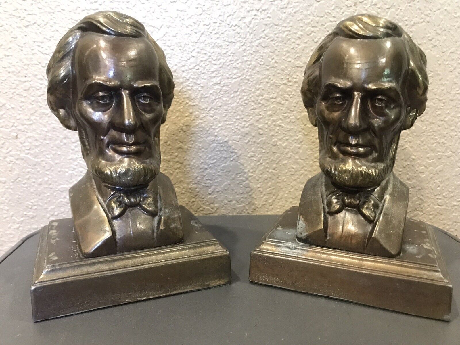 Vintage Pair Abe Lincoln Heavy Cast Iron Metal Bookends Gold/Bronze Toned