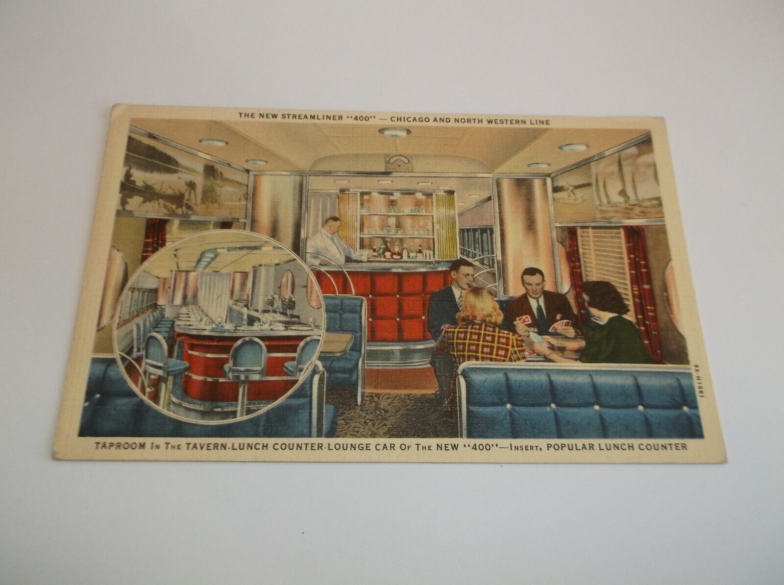 1940's C&NW CHICAGO & NORTH WESTERN 400's LOUNGE UNUSED LINEN COMPANY POST CARD